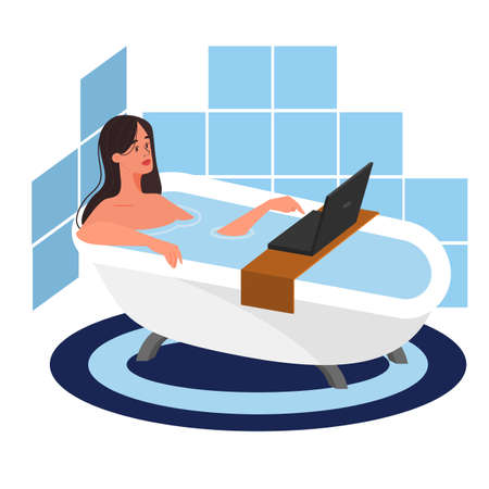 Female character laing in the bathtube and holding a laptop.のイラスト素材