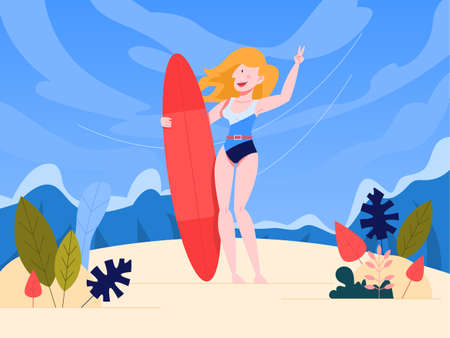 Vector illustration of female surfer on the beach. Woman in a swimsuitのイラスト素材