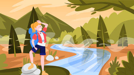 Woman travel with the backpack. Hiker on a trip. Idea of journeyのイラスト素材