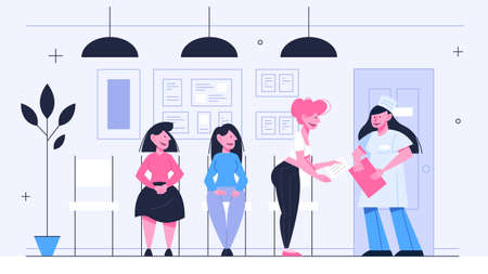 Queue to the doctor. People waiting in line in the hospital.のイラスト素材