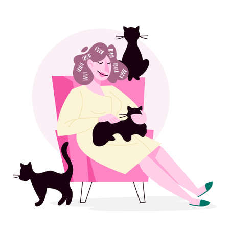 Isolated vector illustration of cat lover doing her daily routineのイラスト素材