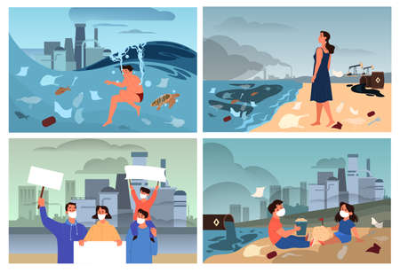 Global ecology problems set. Environmental disaster, earthsのイラスト素材