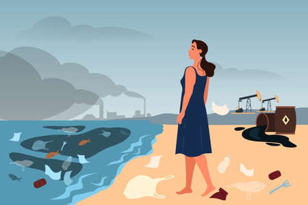 Global ecology problem vector illustratiion. Environmental pollution, ecological disaster, earth in danger. Industrial pollution of air and water. Isolated vector illustration in cartoon styleのイラスト素材