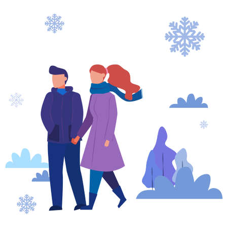Isolated vector illustration of people wearing warm winter clothes. Woman and man wearing a coat walk outside. Happy winter activities, romantic couple walk. Warmly dressed person.のイラスト素材