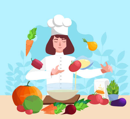 Restaurant chef cooking. People in apron making tasty dish.のイラスト素材