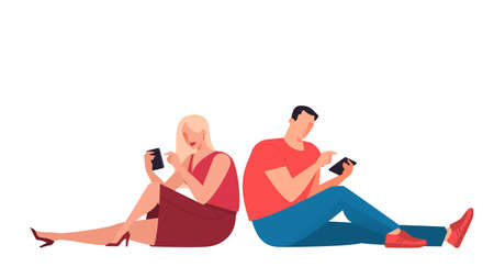 Man and woman with mobile phone. Female and male character holding smartphone. Chating characters. Isolated flat vector illustrationのイラスト素材