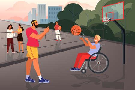 Volunteer help people concept. Charity community support disabled people to live active life. Man sitting in wheelchair and playing basketball. Vector illustration in cartoon styleのイラスト素材