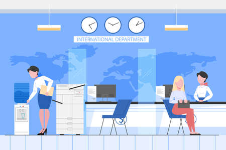 Bank office conept. People make financial operations in international department. Client sitting at counter. Vector illustration in flat styleのイラスト素材