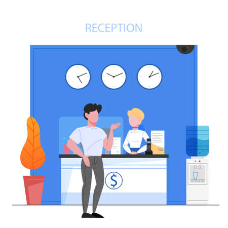 Bank reception concept. Woker standing at the counter and helping a customer.のイラスト素材