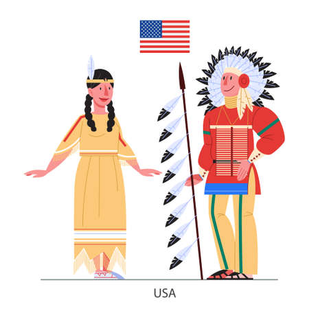 Vector illustration of Native Americans in national costume with a flag.のイラスト素材