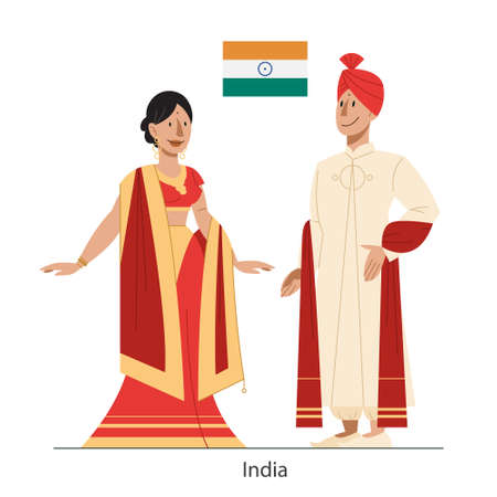 Vector illustration of India citizen in national costume with a flag. Man and woman in traditional clothes. Male and female wearing ethnic dress. Vector flat illustration.のイラスト素材