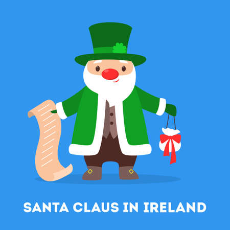 Cute funny Santa Claus wearing national costume of Ireland.のイラスト素材