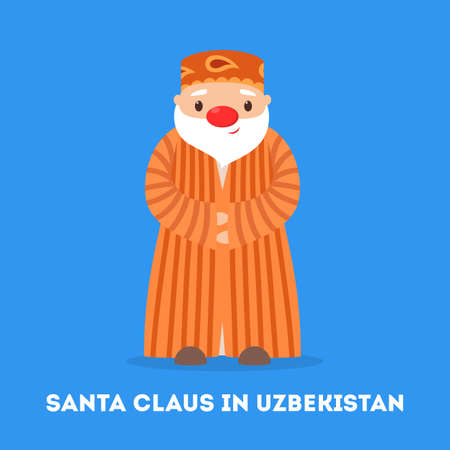 Cute funny Santa Claus wearing national costume of Uzbekistan. Santa Claus in different countries all over the world. Kinds of traditinoal winter character. Flat vector illustrationのイラスト素材