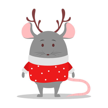 Cute rat wearing a red festive sweater. Animal character with reindeer antlers hat. 2020 year of the rat. Isolated vector illustration in flat styleのイラスト素材