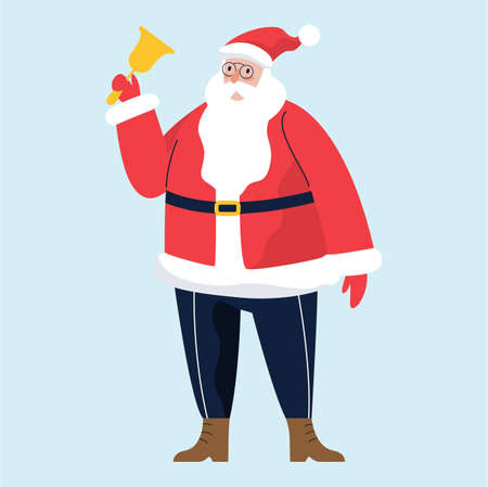 Santa Claus holding Christmas golden bell. Holiday season cartoon illustration.のイラスト素材