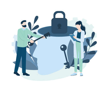 Mental health concept. Doctor treat person mentality. Psychological support. Problem with mind. Vector illustration in cartoon styleのイラスト素材