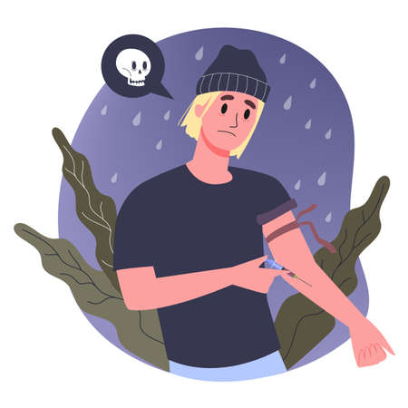 Vector illustratiion of diffrent suicide methods set. Sad peopleのイラスト素材