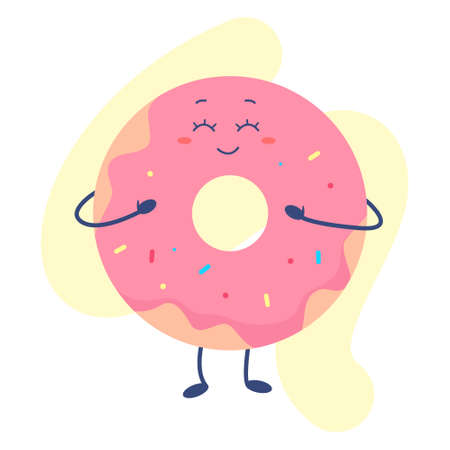 Funny fast food with cute face. Pink doughnut with happyのイラスト素材