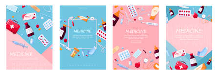 Healthcare and medical treatment concept. Collection of pharmacy drug. Drug and pill. First aid kit concept. Isolated vector illustration in cartoon style. Set of web poster vector illustrationのイラスト素材