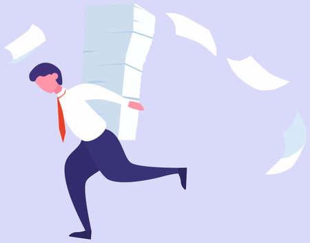 Stress at work and deadline concept. Idea of many work and few time. Employee in a hurry. Panic and stress in office. People with business problems. Flat vector illustrationのイラスト素材