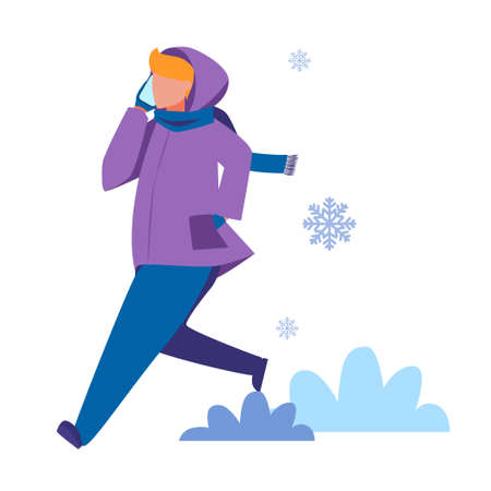 Isolated vector illustration of people wearing warm winter clothes. Warmly dressed man talking on the phoneのイラスト素材