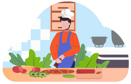 Restaurant chef cooking. People in apron making tasty dish. Professional worker on the kitchen. Food show. Isolated vector illustration in cartoon styleのイラスト素材