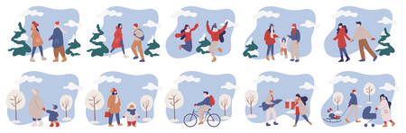 Set of isolated vector illustration of people wearing warm winter clothes. Happy winter activities with family. People walk outside in cold season.のイラスト素材