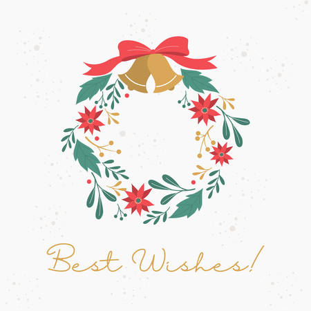 Vector illustration of vintage poster for christmas and new year. Holiday card decoration in retro style. Christmas wreath with golden bells with ribbon and bow, best wishes.のイラスト素材