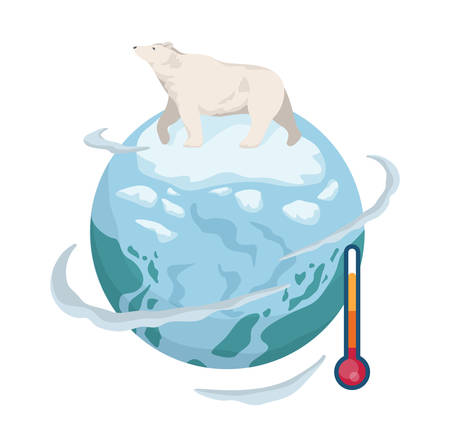 Global warming concept. Polar bear on melting ice. Iceberg melt. Idea of climate change and danger for ecology.Vector illustration in cartoon styleのイラスト素材
