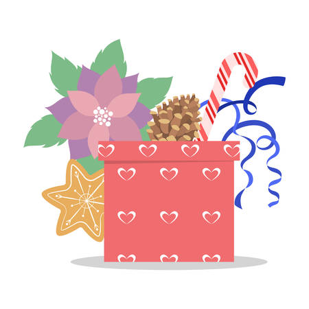 Cute gift box with ribbon and bow. Wrapped with colorfull gift papper. Birthday or christmas presents. Isolated flat illustrationのイラスト素材