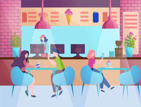 Female and male characters eating in cafe. Teenagers having a meal in ice cream cafe, cafeteria interior. Vector illustration.のイラスト素材