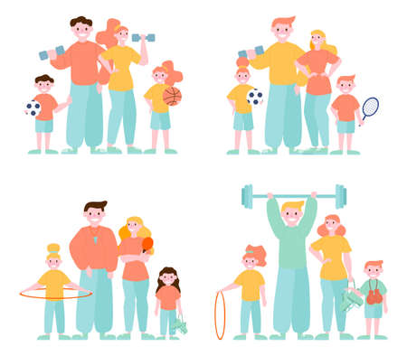 Family and sport activity set. Ice skating and backetball, gymnastics and workout. Outdoor activity. Flat vector illustrationのイラスト素材