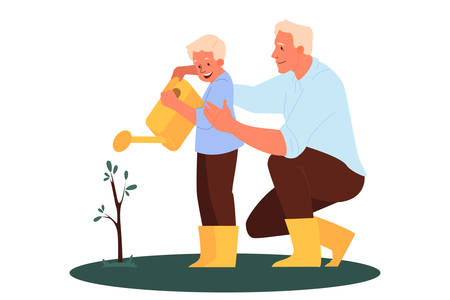 Father spend time with child. Son help his father. Parent and kid happyのイラスト素材