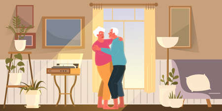 Old couple spend time together. Woman and man on retirement. Happy grandfather and grandmother dance at home. Vector illustration in cartoon styleのイラスト素材
