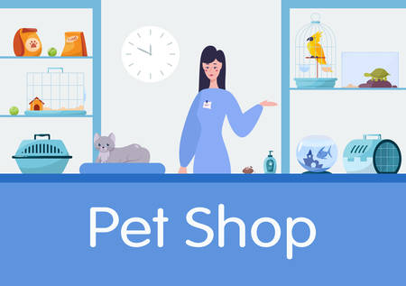 Pet shop counter interior with female worker seller.のイラスト素材