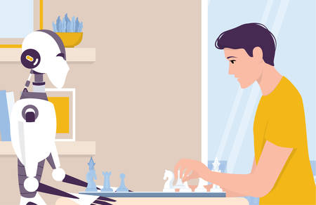 Artificial intelegence as a part of human routine. Domestic personal robot play chess with man. AI helps people in their life, future technology concept. Vector illustration in cartoon styleのイラスト素材