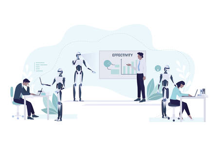 Office human and robot workers. Robot character help man and womanのイラスト素材