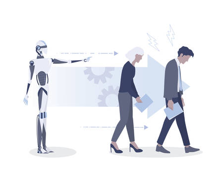 Robot is the boss and employees work for it. Tired office workersのイラスト素材