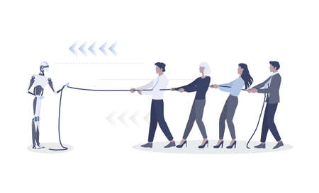 Artificial intelligence wins in tug-of-war with team of people. Robot vs humanのイラスト素材
