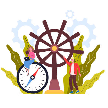 Compass and wheel. Businesspeople leads ship toward profit. Righ business direction. Business concept vector illustration.のイラスト素材