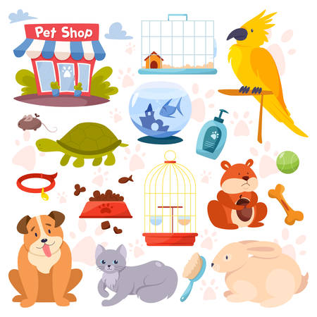 Pet shop set. Cute domestic animals. Food and toy in the storeのイラスト素材