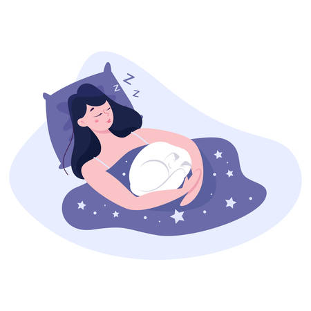 Woman sleep with cat. Person rest in the bed on the pillow late at night. Peaceful dream and relax. Vector illustration in cartoon styleのイラスト素材