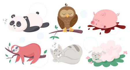Adorable funny animals asleep set. Panda, owl, pig, kitten, sheep and sloth. Vector illustration in cartoon styleのイラスト素材