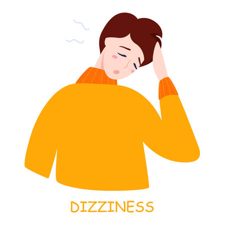 Man reeling with dizziness. Ill guy in a fever. Flu or cold symptom. Idea of illness and healthcare. Flat vector illustrationのイラスト素材