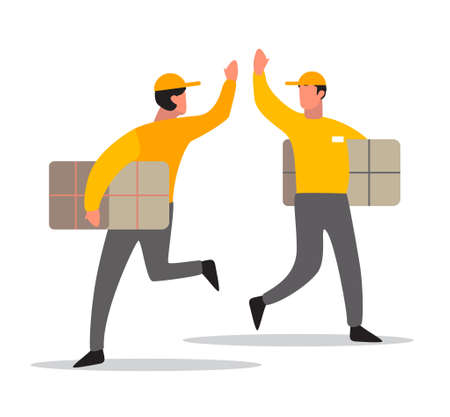 Delivery man with a purchase. Courier in uniform holding box. Character in a cap. Delivery service. Vector illustration in cartoon styleのイラスト素材