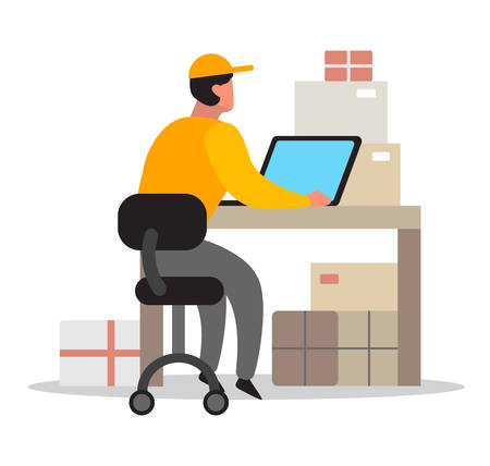 Delivery or warehouse man. Courier in uniform sit at the desk and using laptop. Character in a cap. Delivery service. Vector illustration in cartoon styleのイラスト素材