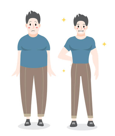 From fat to fit concept. Man loosing his weight. Slimming progress, fitness exercise. Vector illustration in cartoon styleのイラスト素材