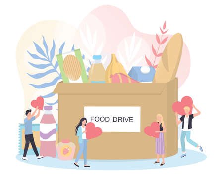 Charity concept. People donate food to help poor people.