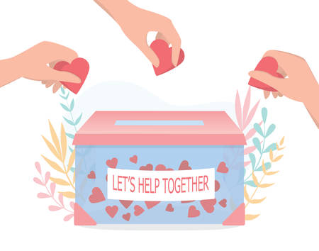 Donation concept. Little people holding hearts as a methaphor of philanthropy.のイラスト素材