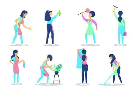 Cleaning set. Collection of people doing housework.のイラスト素材